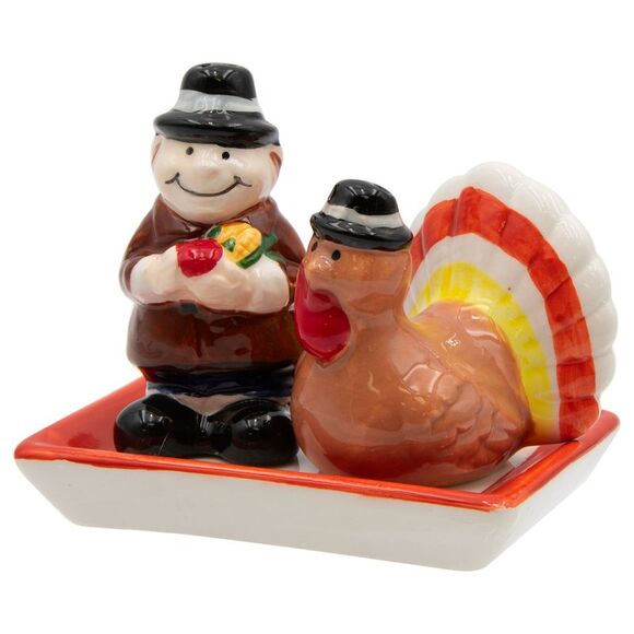 Thanksgiving Turkey and Pilgrim Tabletop Salt and Pepper Shaker Set - Picture 3 of 9
